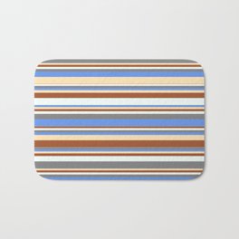 [ Thumbnail: Colorful Sienna, Mint Cream, Gray, Cornflower Blue & Beige Colored Striped Pattern Bath Mat ]