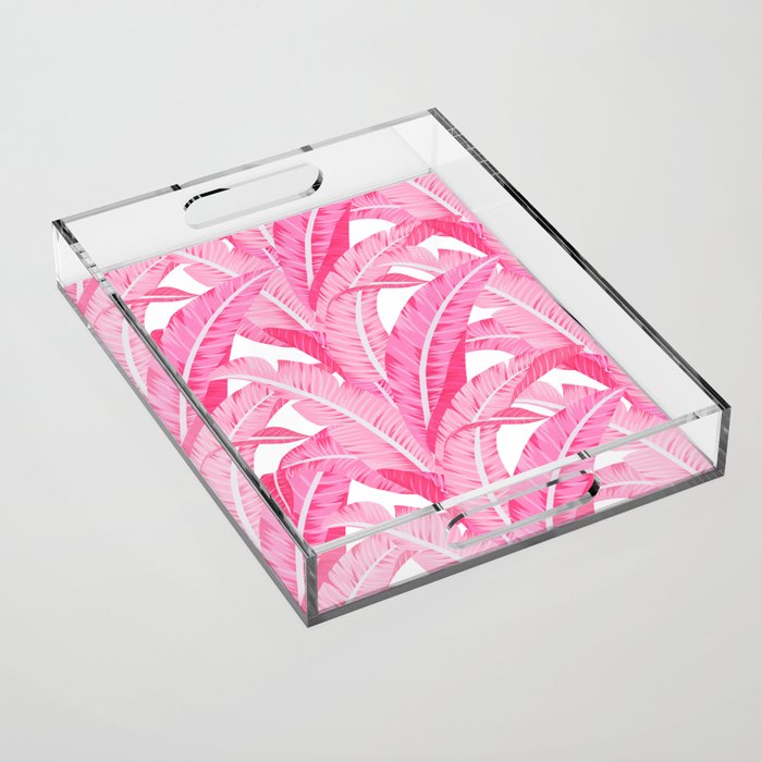 Pink banana leaves tropical pattern on white Acrylic Tray