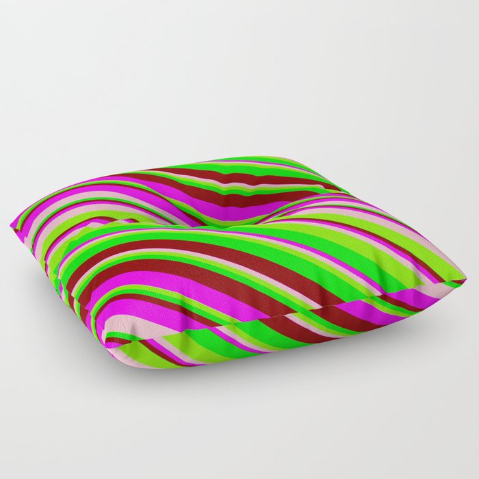 Vibrant Fuchsia, Light Pink, Green, Lime, and Maroon Colored Pattern of Stripes Floor Pillow