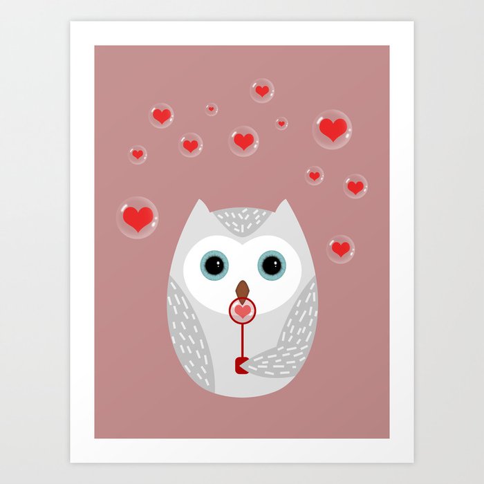 OWL, LOVE & BUBBLES (valentine animals heart) Art Print