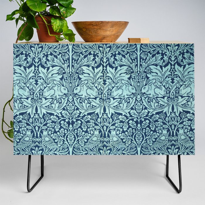 William Morris Teal Blue Rabbit And Floral Vintage Wall Paper Pattern Credenza