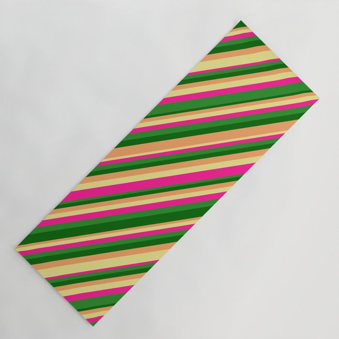 Dark Green, Brown, Tan, Deep Pink, and Forest Green Colored Lines/Stripes Pattern Yoga Mat