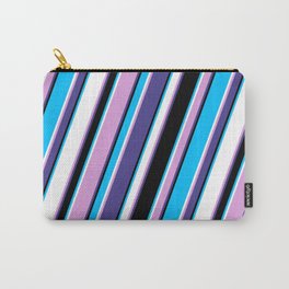 [ Thumbnail: Eye-catching Plum, Dark Slate Blue, Black, Deep Sky Blue & White Colored Lined/Striped Pattern Carry-All Pouch ]