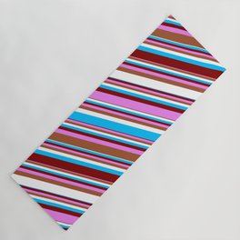 [ Thumbnail: Colorful Deep Sky Blue, Maroon, Violet, Sienna & White Colored Striped/Lined Pattern Yoga Mat ]