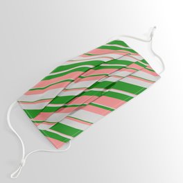 [ Thumbnail: Light Grey, Green & Light Coral Colored Lines/Stripes Pattern Face Mask ]