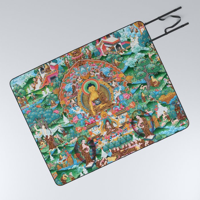 Turquoise Life Of Buddha Thangka Picnic Blanket