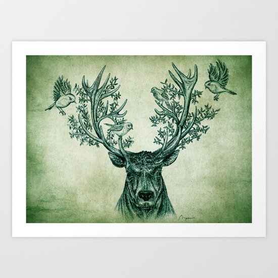 Deer and Birds Art Print