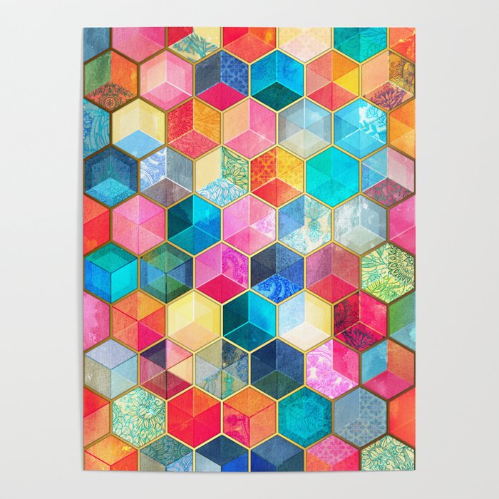 Crystal Bohemian Honeycomb Cubes - colorful hexagon pattern Poster