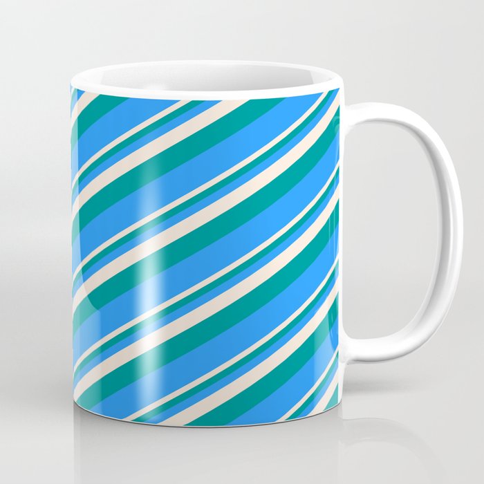 Beige, Dark Cyan, and Blue Colored Lined Pattern Coffee Mug