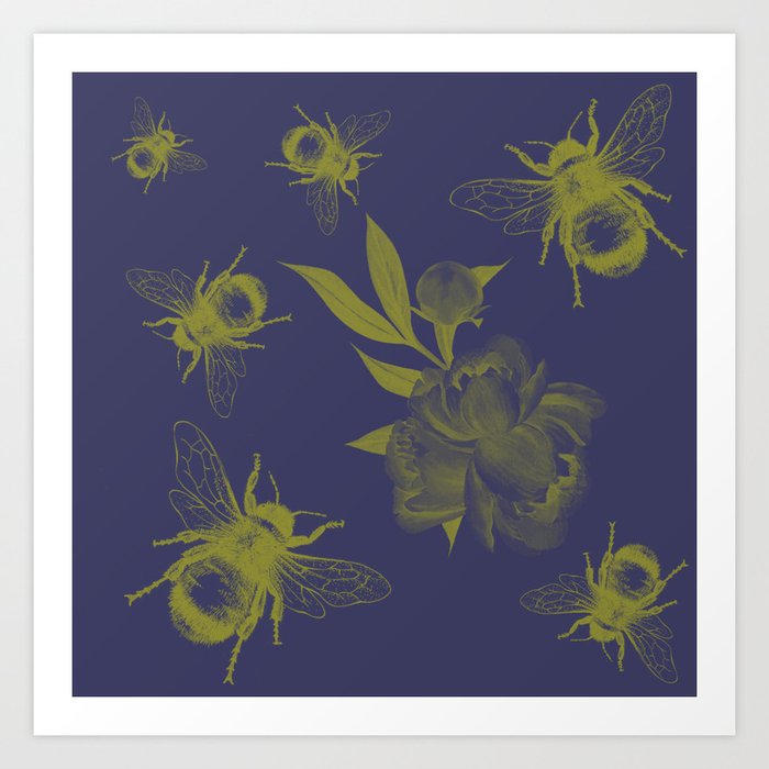 Floral Bumble Bee Print Blue & Yellow Art Print