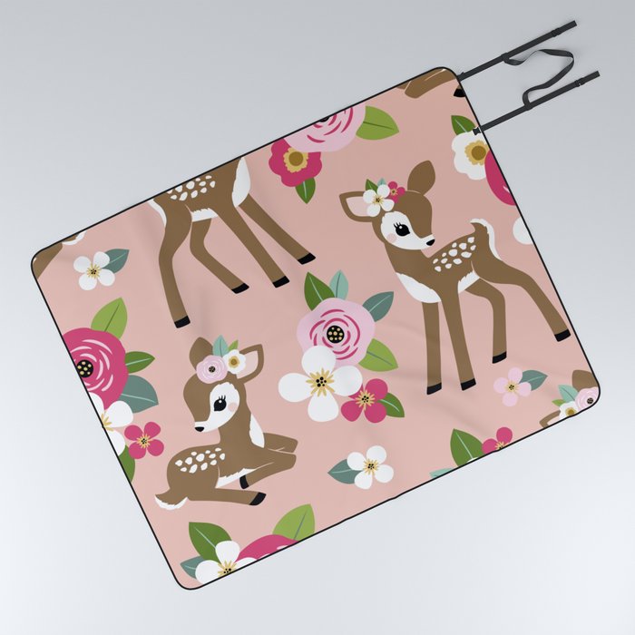 Seamless vintage pattern with cute vintage fawn on pink floral background.  Picnic Blanket