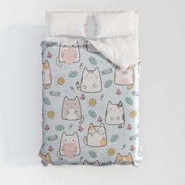 Blue Kawaii Cute Cats Hello Pattern Duvet Cover