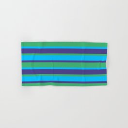 [ Thumbnail: Dark Slate Blue, Sea Green & Deep Sky Blue Colored Striped Pattern Hand & Bath Towel ]