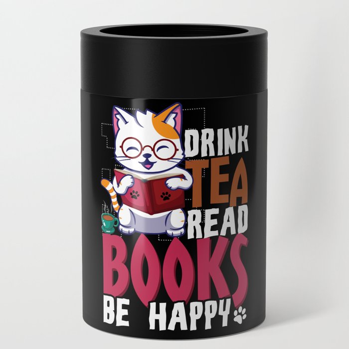Cute Cat Drink Tea Read Book Reading Bookworm Can Cooler