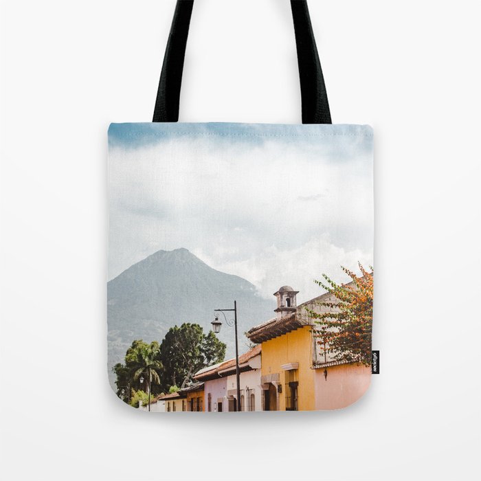 Colorful houses of a street in Antigua Guatemala with volcano views Tote Bag