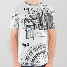 Curta Mechanical Calculator Patent Drawing All Over Graphic Tee