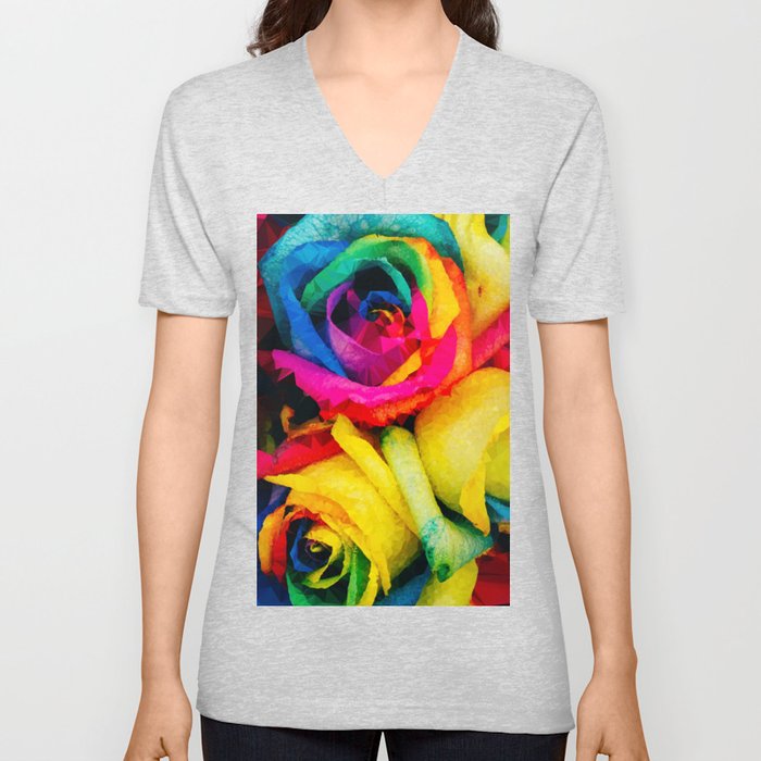 Geometric Multicolor Roses V Neck T Shirt