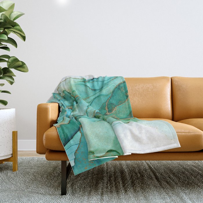 Emerald Gold Waves Abstract Ink Throw Blanket