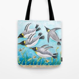Emperors Penguins Swimming Underwater Blue Watercolor Tote Bag