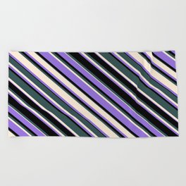 [ Thumbnail: Dark Slate Gray, Beige, Purple & Black Colored Lined Pattern Beach Towel ]