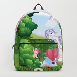 Cute Unicorns And Fairies In A Magical Forest Backpack | Graphicdesign, Rainbow, Flowers, Mysticalforest, Unicornwalldecor, Kids, Pinkunicorn, Unicornnursery, Children, Forest 