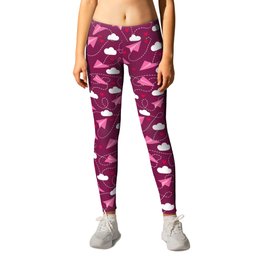 Valentine's hearts paper airplanes love clouds burgundy Leggings