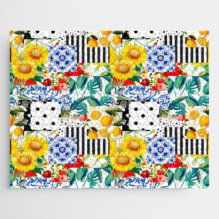 Italian,Sicilian art,patchwork,summer Flowers Jigsaw Puzzle