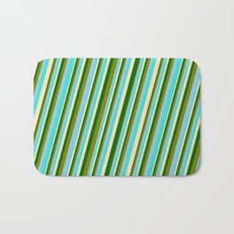 [ Thumbnail: Turquoise, Beige, Dark Green, Green & Sky Blue Colored Pattern of Stripes Bath Mat ]