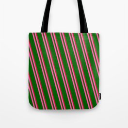 [ Thumbnail: Hot Pink, Dark Green & Crimson Colored Lines Pattern Tote Bag ]