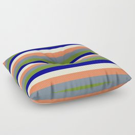[ Thumbnail: Eye-catching Coral, Slate Gray, Green, Dark Blue & Light Yellow Colored Striped Pattern Floor Pillow ]