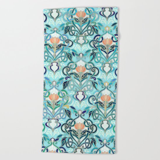 Ocean Aqua Art Nouveau Pattern with Peach Flowers Beach Towel