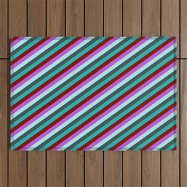 [ Thumbnail: Eyecatching Orchid, Turquoise, Dark Slate Gray, Light Sea Green & Maroon Colored Stripes Pattern Outdoor Rug ]