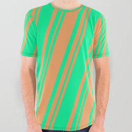[ Thumbnail: Green & Brown Colored Lined Pattern All Over Graphic Tee ]