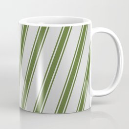 [ Thumbnail: Light Gray & Dark Olive Green Colored Pattern of Stripes Coffee Mug ]