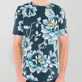 Spring Flowers Pattern Blue on Deep Blue All Over Graphic Tee