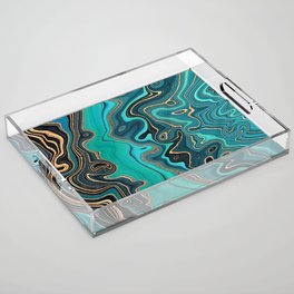 Peacock Teal + Hypnotic Gold Stylized Fluid Painting Acrylic Tray