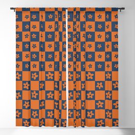 Abstract Floral Checker Pattern 11 in Navy Blue Orange Blackout Curtain