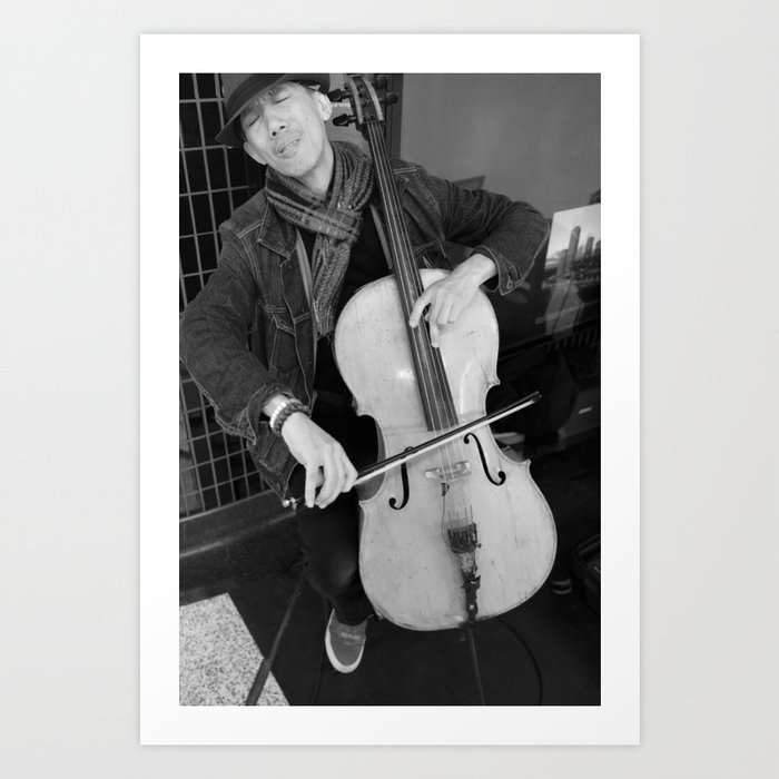 Street Musician Playing Cello - Black and White Photography Art Print