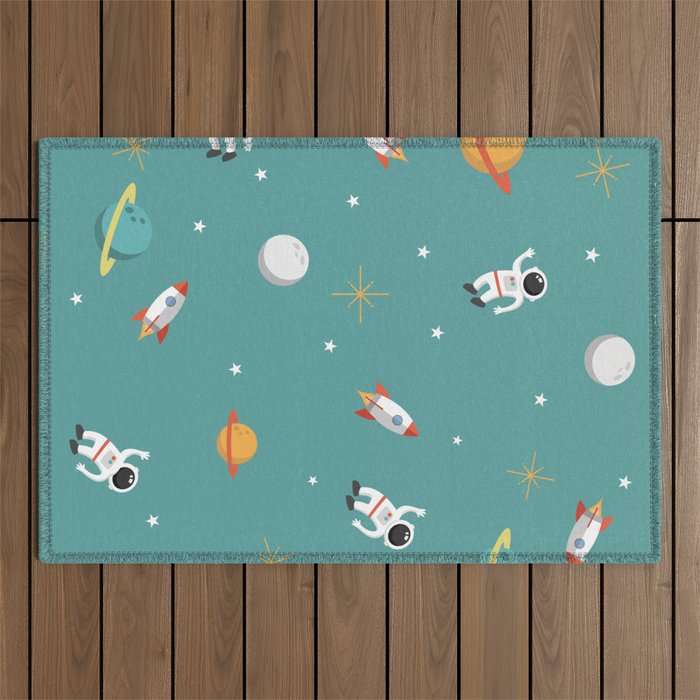 Space Pattern Illustration with Cyan Background Outdoor Rug