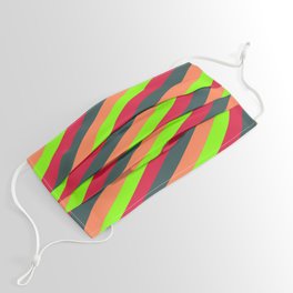 [ Thumbnail: Chartreuse, Crimson, Dark Slate Gray & Coral Colored Striped Pattern Face Mask ]