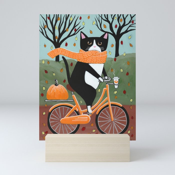 Tuxedo Cat Autumn Bicycle Ride Mini Art Print