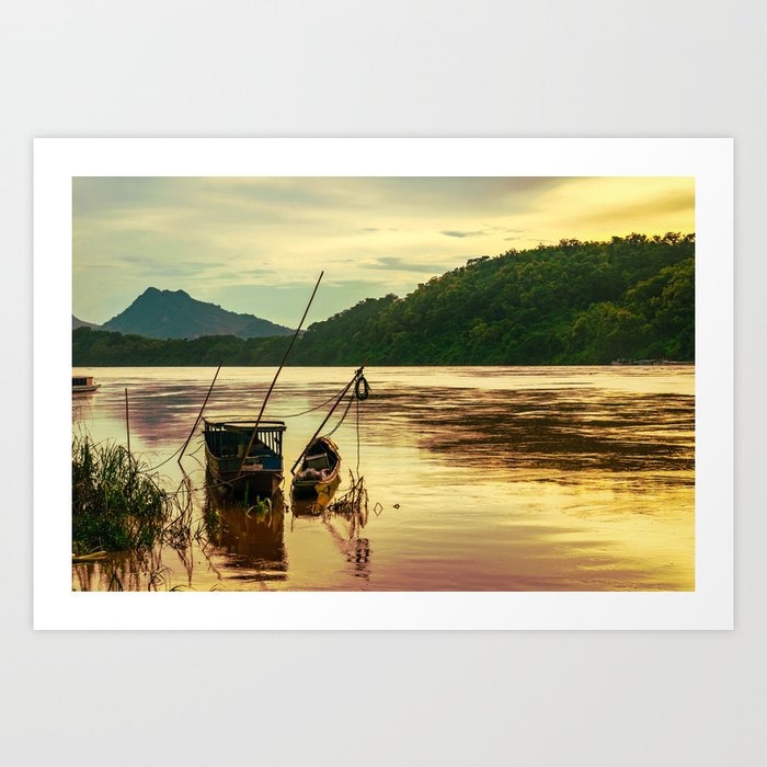 Sunset over the Mekong River Art Print | Photography, Digital, Hdr, Digital-manipulation, Color, Laos, Mekong, Delta, Sunset, Boat