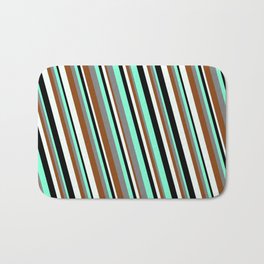 [ Thumbnail: Eyecatching Aquamarine, Gray, Brown, Mint Cream, and Black Colored Striped/Lined Pattern Bath Mat ]