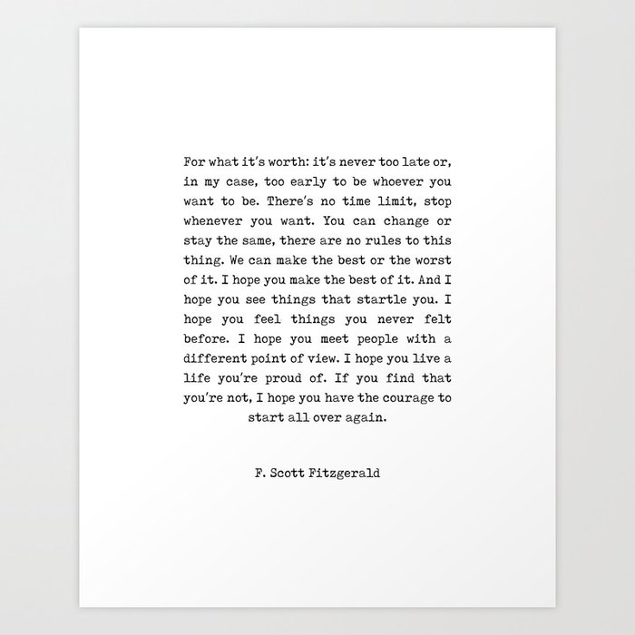 F Scott Fitzgerald Quote - For What It's Worth - Minimal, Black and White, Typewriter - Inspiring Art Print