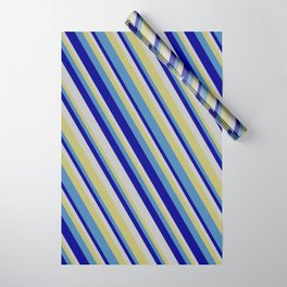[ Thumbnail: Dark Khaki, Blue, Dark Blue & Grey Colored Lines/Stripes Pattern Wrapping Paper ]