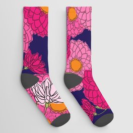 Retro Mid-Century Modern Mums Floral Pattern Indigo Socks