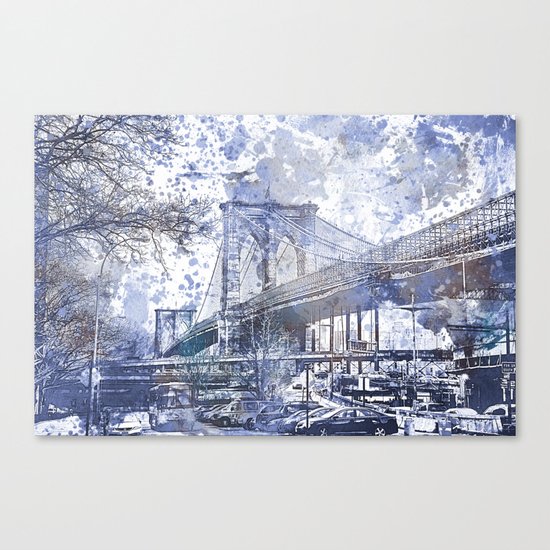 Brooklyn Bridge New York USA Watercolor blue Illustration Canvas Print