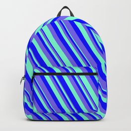 [ Thumbnail: Blue, Medium Slate Blue & Aquamarine Colored Pattern of Stripes Backpack ]