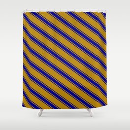 [ Thumbnail: Dark Goldenrod and Dark Blue Colored Stripes/Lines Pattern Shower Curtain ]