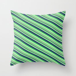 [ Thumbnail: Midnight Blue, Sea Green, Green & Dark Sea Green Colored Stripes Pattern Throw Pillow ]